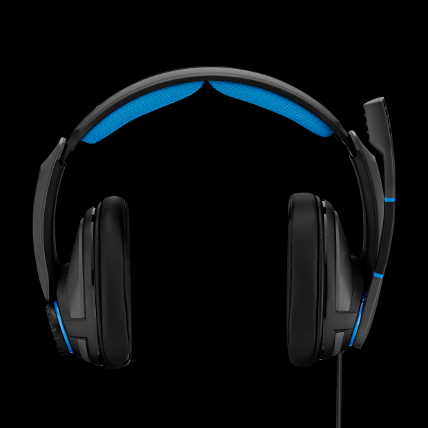 Sennheiser GSP 300 gaming headset in blue and black on a black background front on